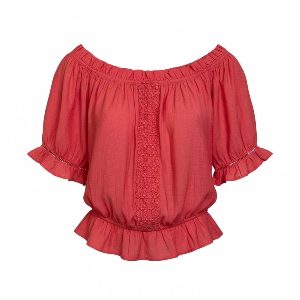 June & Hudson Off Shoulder Peasant Blouse Coral Lace Ruffle Sleeve XL Cottage